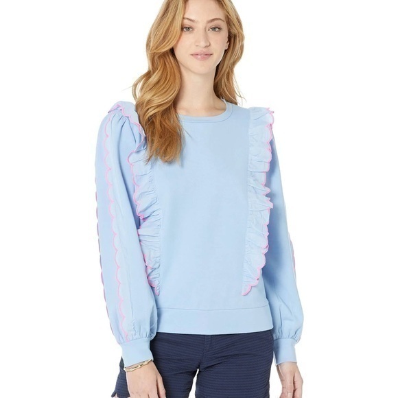 NWT Lilly Pulitzer Suzy Sweatshirt Blue Ruffle Top Deadstock XXS Women - Picture 1 of 7
